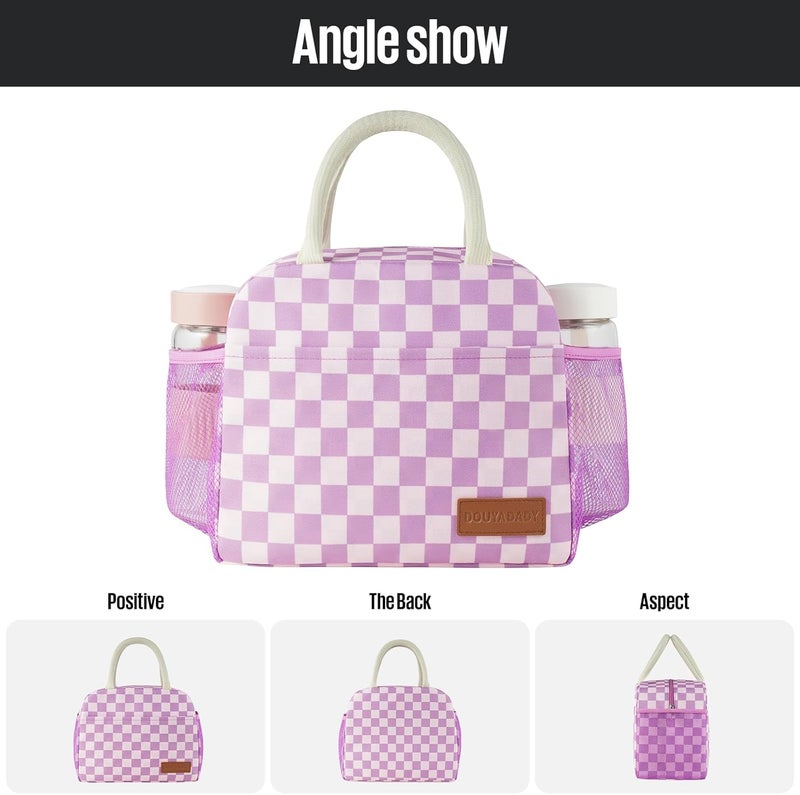 douyadady Lunch Bag Women/Men Lunch Box Women/Men (Purple+Pink Checkerboard) - Image 5